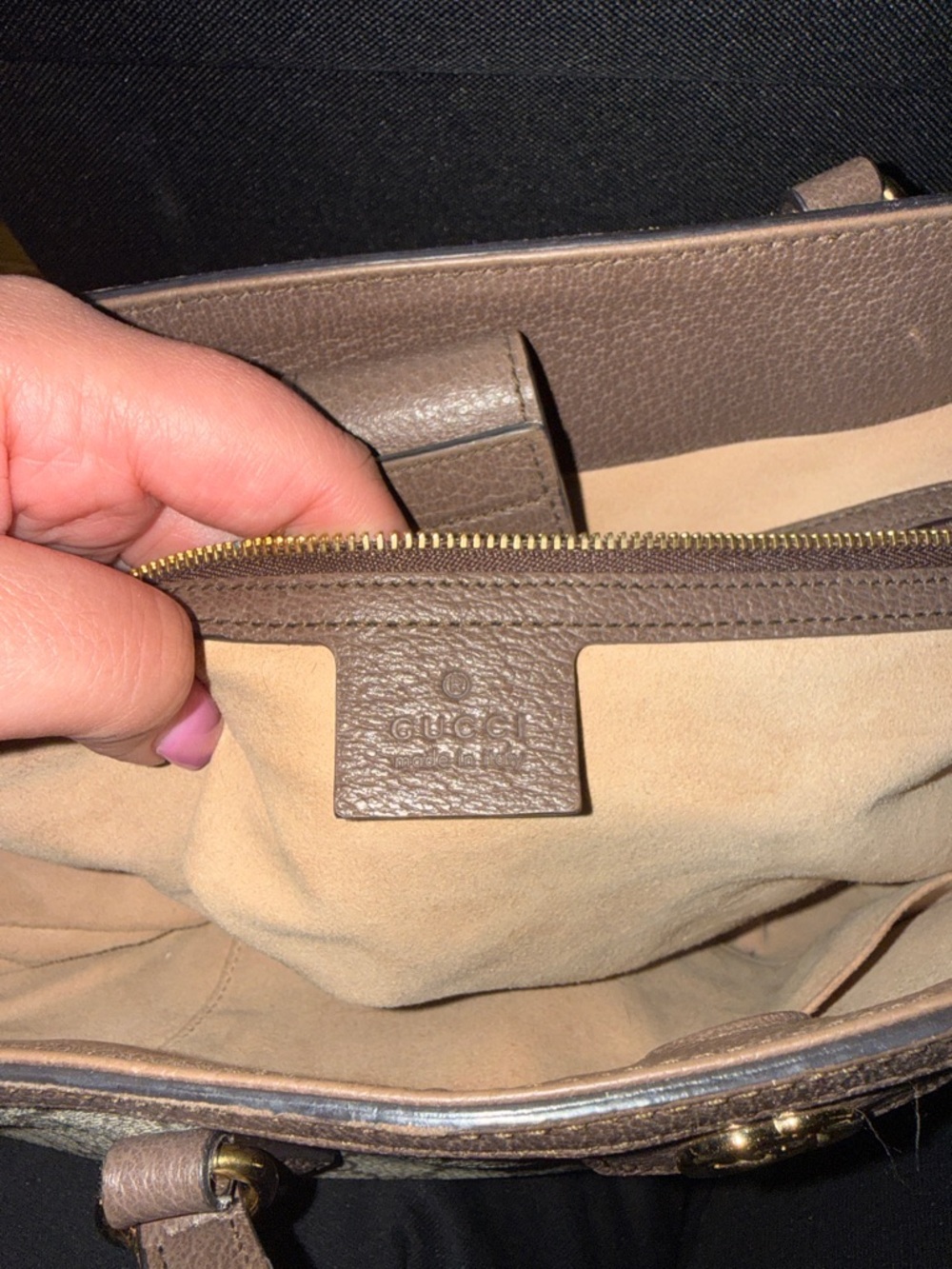 Gucci Beige GG Supreme Tote with Brown Leather and Red/Green Stripe - Picture 8 of 12